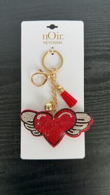 Bling Rhinestone Red Winged Heart Puffy Keychain - Tassel Bag Charm NEW